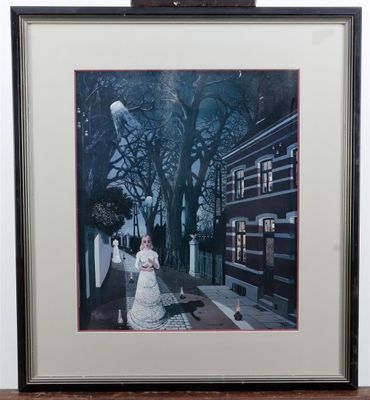 framed photograph of a woman in a white dress walking down a street at night