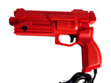 a red toy gun that is connected to a charger