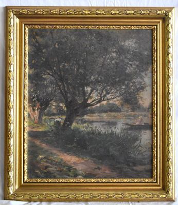 an image of a painting of a tree by a river in a gold frame