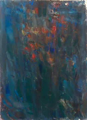 une peinture abstraite représentant des fleurs bleues et rouges sur fond blanc