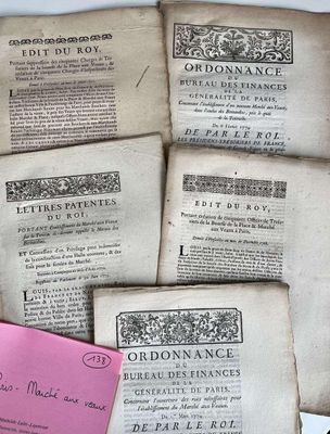 PARIS – MARCHÉS AUX VEAUX. Ensemble de 6 imprimés XVIIIe s.