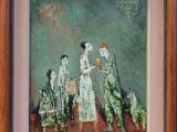 painting of a group of people standing in front of a green wall