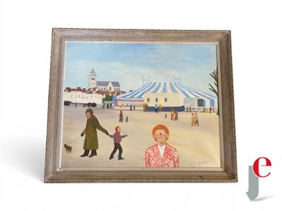 tableau représentant un homme et une femme promenant un chien devant un chapiteau de cirque