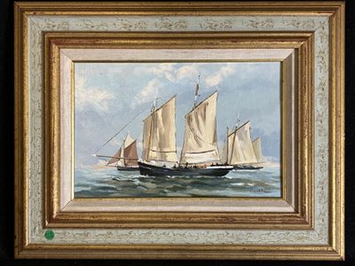 une peinture à l'huile représentant un voilier en mer, avec le ciel en arrière-plan