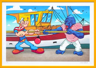 tableau représentant deux personnages de bande dessinée en train de jouer à un jeu sur un bateau