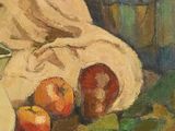 une peinture représentant une nature morte avec des fleurs et des fruits posés sur une table
