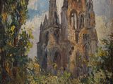 une peinture à l'huile représentant une église située dans un environnement boisé, avec des arbres