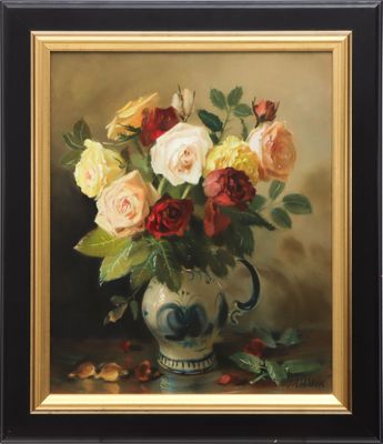 a painting of roses in a vase on a table