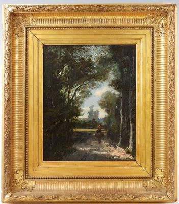 une peinture représentant une route dans une zone boisée, avec des arbres