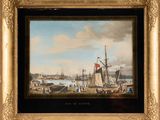painting of a view of a harbor with boats in the foreground
