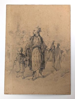 an old drawing of a man and two children walking in the desert