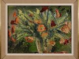 an oil painting of a vase of flowers on a table