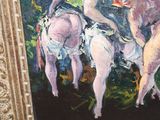 a painting of two women riding horses in a field