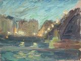 une peinture à l'huile représentant une rivière avec des rochers et de l'eau