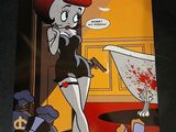 une illustration représentant une femme armée d'un pistolet dans une salle de bains