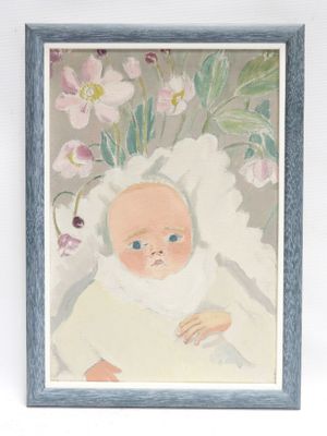painting of a baby in a white dress with flowers in a blue frame