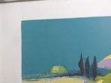 a picture of a painting of a beach scene with an umbrella