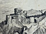 a drawing of a castle on a hill with a bird flying over it