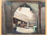a painting of a staircase going up to a building