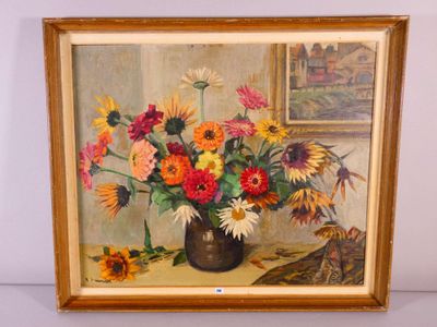 a painting of flowers in a vase on a table