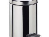 a close up of a stainless steel trash can on a white background