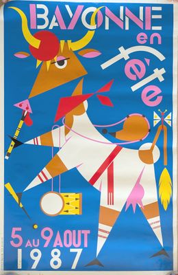 an image of a poster of a cow with a bow and arrow in its mouth