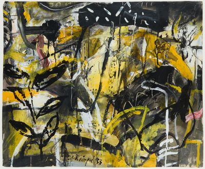 une peinture abstraite réalisée à la peinture noire et jaune sur fond blanc