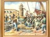 une peinture représentant un groupe de personnes sur la plage