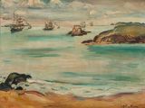 une image représentant un tableau montrant des bateaux sur l'eau près d'une plage