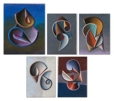 six paintings of different shapes and sizes are shown on a white surface