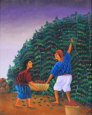 a painting of two women picking coffee beans from a tree
