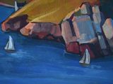 a painting of a sailboat in the water near a cliff