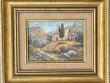 a painting of a landscape with a church in the distance