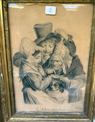tableau représentant une famille avec un chien et un chat, dans un cadre doré