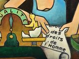 a painting of a woman sitting at a table with a menu