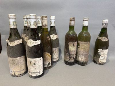 several bottles of wine are lined up on a table