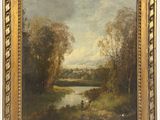 une peinture à l'huile représentant un paysage avec un homme en train de pêcher au bord d'une rivière