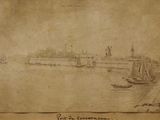 dessin représentant une vue sur une rivière, avec un pont et un château en arrière-plan