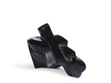 pair of black high heeled shoes sitting on top of a white surface