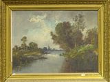 an image of a painting of a river with trees in the background