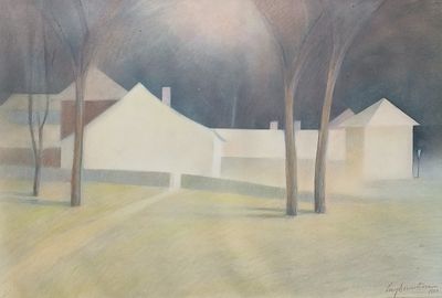 une image représentant un tableau où l'on voit des maisons et des arbres dans un champ