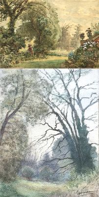 two pictures of a painting of a wooded area and a painting of a wooded area