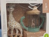 a toy giraffe and a teapot in a box