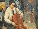 tableau représentant un homme jouant du violoncelle dans une pièce
