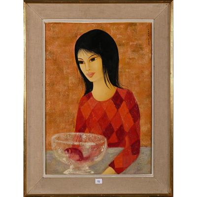 une peinture à l'huile représentant une femme avec un bol de fruits posé sur une table