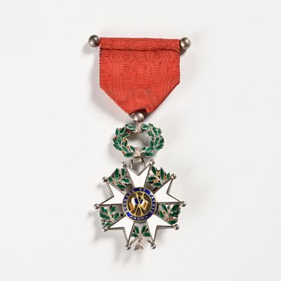 a red ribbon with a silver star on it