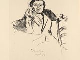 a black and white drawing of a man sitting in a chair
