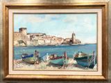 une peinture de bateaux sur la plage au bord de l'eau