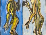 tableau représentant deux hommes debout devant un miroir, sur fond bleu