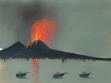 une peinture représentant un volcan sur l'eau, avec des bateaux au premier plan